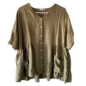 Sweet Salt Green Button Up Baby Doll Causal Pocketed Flowy Blouse Sz 12 Career